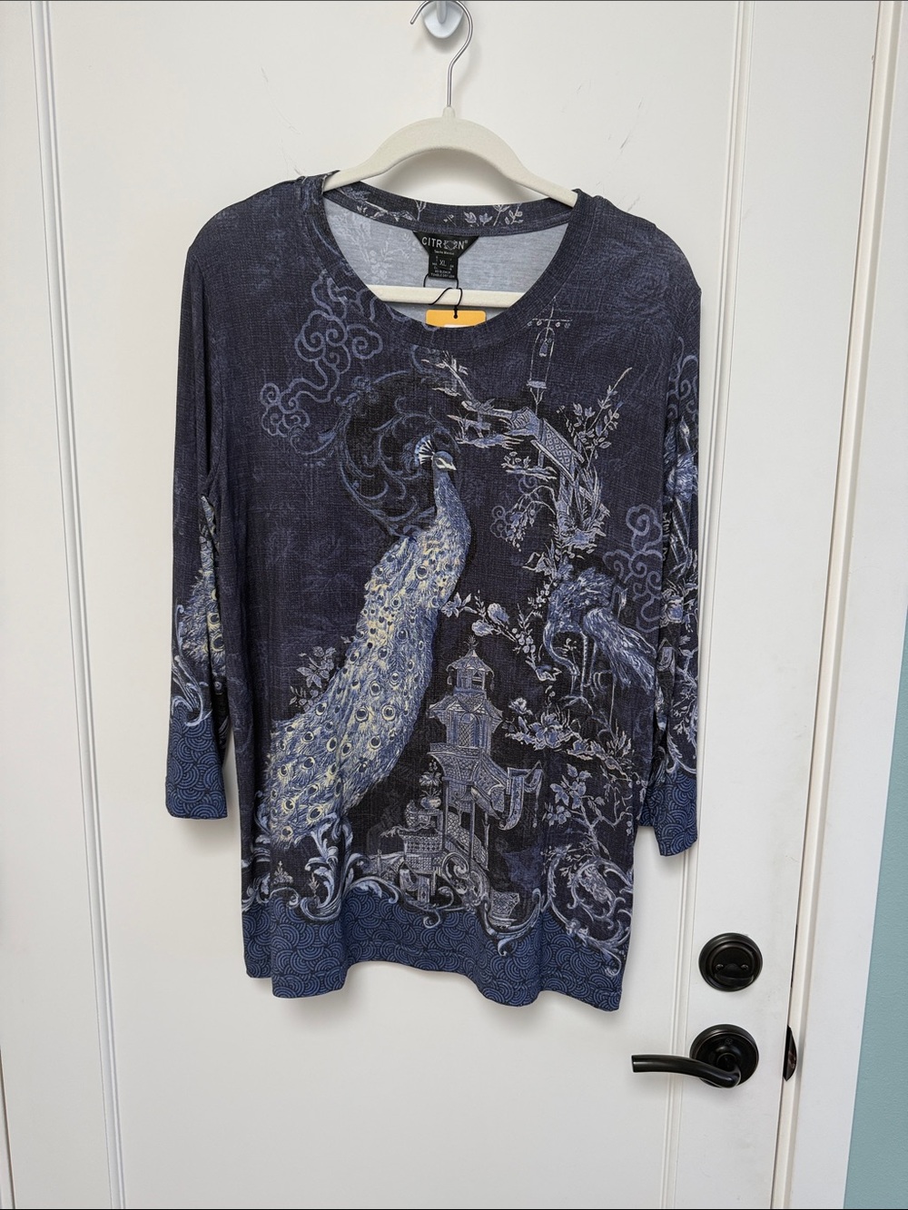 Citron NEW navy peacock print tunic XL